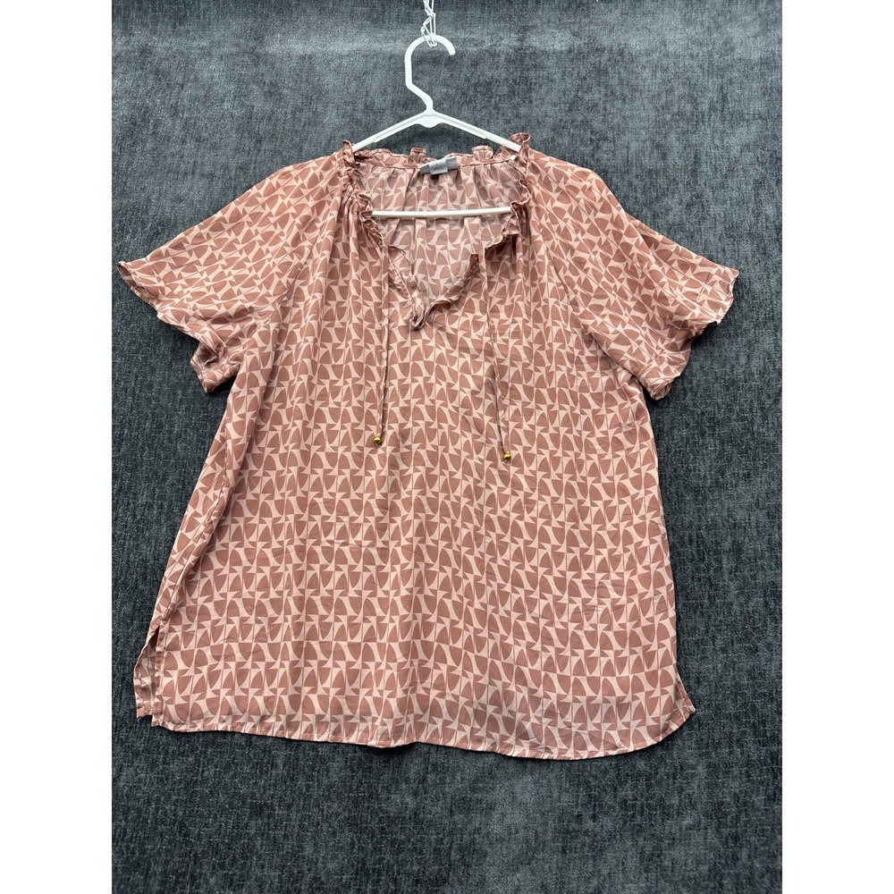 LIz Claiborne Blouse Top Womens Large Brown Geometric Tie Front Side Slit V Neck